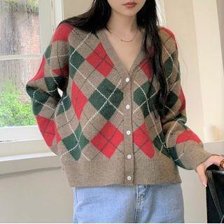 Argyle Cardigan Argyle - Green & Red & Coffee - One Size