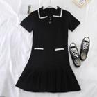 Short-sleeve Knit Pleated Dress Black - One Size