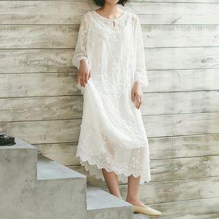 Set : Long-sleeve Lace Dress + Spaghetti Strap Dress