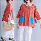 3/4-sleeve Color Block Lace-up Top As Shown In Figure - One Size