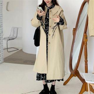 Single-breasted Midi Trench Coat / Flower Print Long-sleeve Midi Shift Dress
