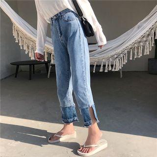 Slit Contrast Hem Ankle Jeans