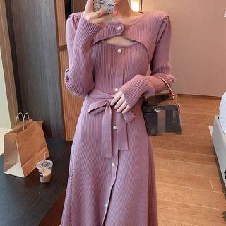 Long-sleeve Cutout Knit Buttoned A-line Dress