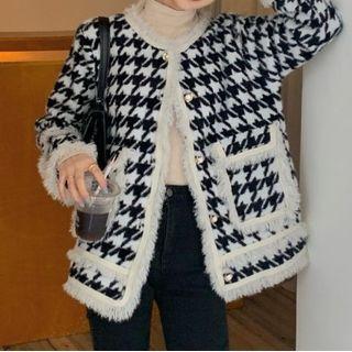 Houndstooth Frill Trim Button Jacket Black & White - One Size