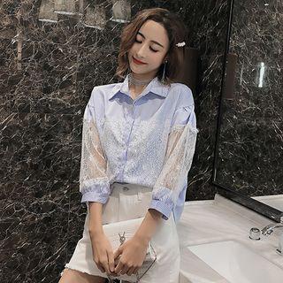 3/4-sleeve Lace Panel Striped Blouse