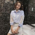 3/4-sleeve Lace Panel Striped Blouse