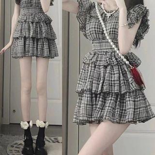 Sleeveless Ruffle Trim Plaid Mini A-line Dress