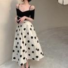 Short-sleeve Cold Shoulder Top / Dotted A-line Skirt