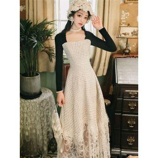 Plaid Two-tone Long-sleeve Midi A-line Dress