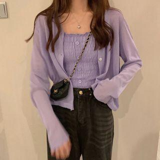 Spaghetti Strap Frill Trim Top / Sheer Cardigan