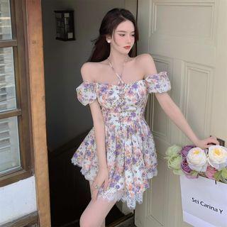 Square-neck Floral Drawstring Lace A-line Mini Dress