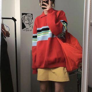 Long-sleeve Color Block Knit Polo Shirt Red - One Size