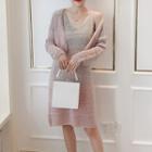 Set: Color Block Midi Knit Dress+ Color Block Cardigan Gradient - Gray & Pink - One Size