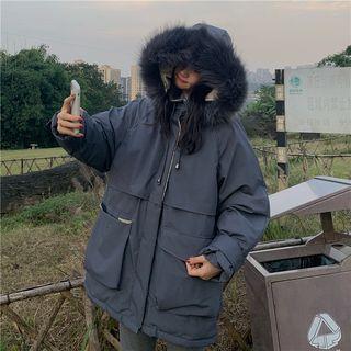 Furry Trim Hooded Padded Zip Coat Grayish Blue - One Size