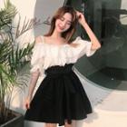 Elbow-sleeve Ruffle Blouse / Mini A-line Skirt