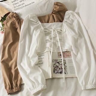 Lace Up-back Puff-sleeve Crop Top