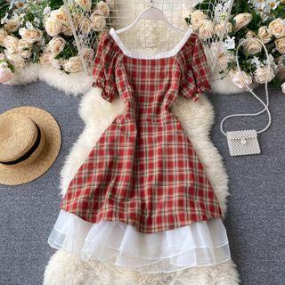 Square-neck Puff-sleeve Mesh Panel Dress