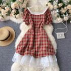 Square-neck Puff-sleeve Mesh Panel Dress