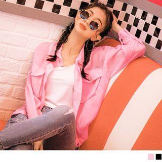 Long Sleeve Plain Button-up Chiffon Shirt Jacket