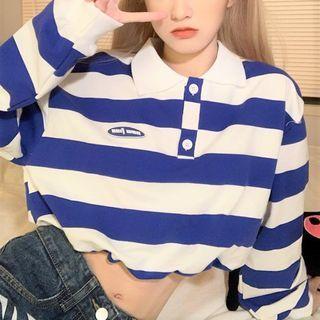 Striped Cropped Polo Sweatshirt Blue - One Size