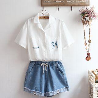 Short-sleeve Cartoon Print Shirt / Embroidered Denim Shorts / Set