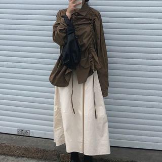 Drawstring Crinkled Blouse / Plain Midi Skirt