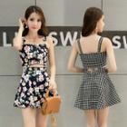 Mock Two-piece Spaghetti-strap Floral Print Sleeveless Cutout-waist Dress