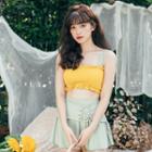 Set: Spaghetti-strap Swim Top + Plaid Swim Skirt + Bottom