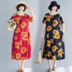 Short-sleeve Sunflower Print A-line Midi Dress