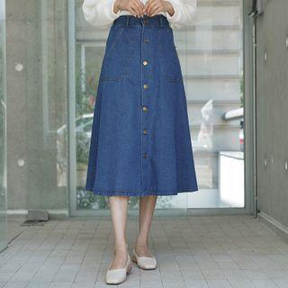 Button-up Long Denim Skirt Blue - One Size