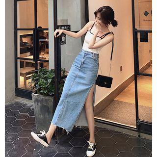 High-waist Denim Slit Midi Pencil Skirt