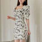 Puff-sleeve All-over Print Mini Sheath Dress