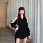 Long-sleeve Cold Shoulder Sashed Shirt Black - One Size
