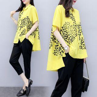 Set: Elbow-sleeve Print Shirt + Cropped Pants
