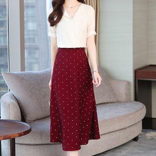 Set: Short-sleeve V-neck Blouse + Dotted A-line Midi Skirt