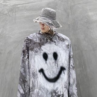 Smiley Face Print Tie-dyed Long-sleeve T-shirt