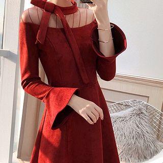 Long-sleeve Sheer Panel A-line Evening Dress