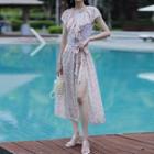 Set: Floral Print Ruffled Swimsuit + Cover-up Skirt