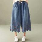 Floral Embroidered Wide Leg Jeans Blue - One Size