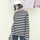 Letter Embroidered Striped Mock Neck Long Sleeve T-shirt