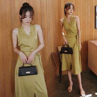 Satin Halter-neck Midi A-line Dress