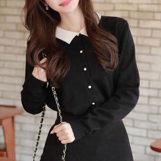 Contrast-collar Knit Cardigan