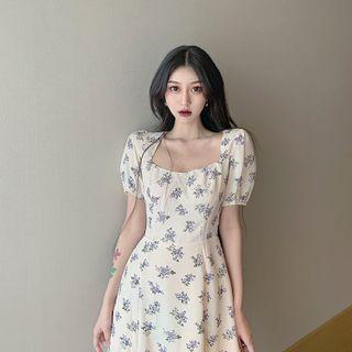 Puff-sleeve Square Neck Floral Mini Dress