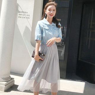 Denim Panel Short-sleeve Midi Dress