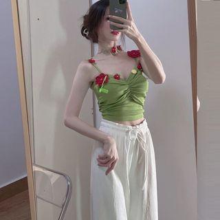 Floral Shirred Crop Camisole Top / Wide Leg Pants