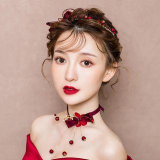 Wedding Set: Bead Headband + Fabric Bow Choker Headband & Necklace - One Size