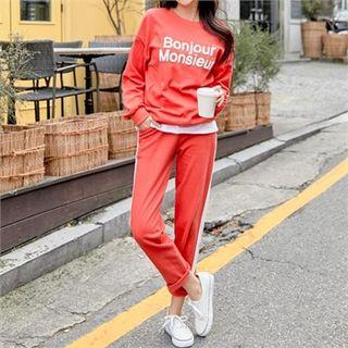 Set: Letter-printed Sweatshirt + Contrast-trim Sweatpants