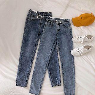 Belt Panel High-waist Frayed Cropped Jeans