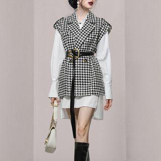 Set: Double-breasted Houndstooth Vest + Mini Shirtdress