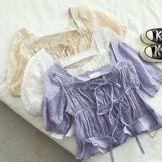 Plain Square-neck Lace-trim Short-sleeve Blouse